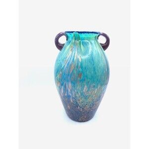 Dale Tiffany Milano Favril Amphora Blue 7.5” Vase With Applied Purple Handles